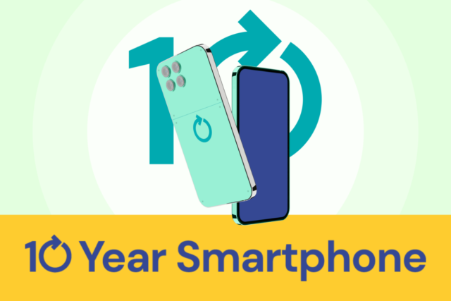 Graphic of front and back of a smartphone, text reading "10 Year Smartphone"