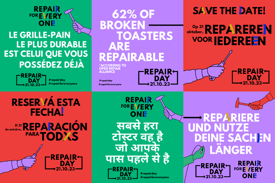Repair Day 2023 posters in different languages